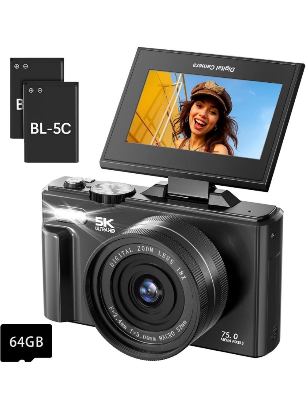 5K Digital Camera for Photography & Vlogging - 75MP, 18X Zoom, WiFi, 64GB SD